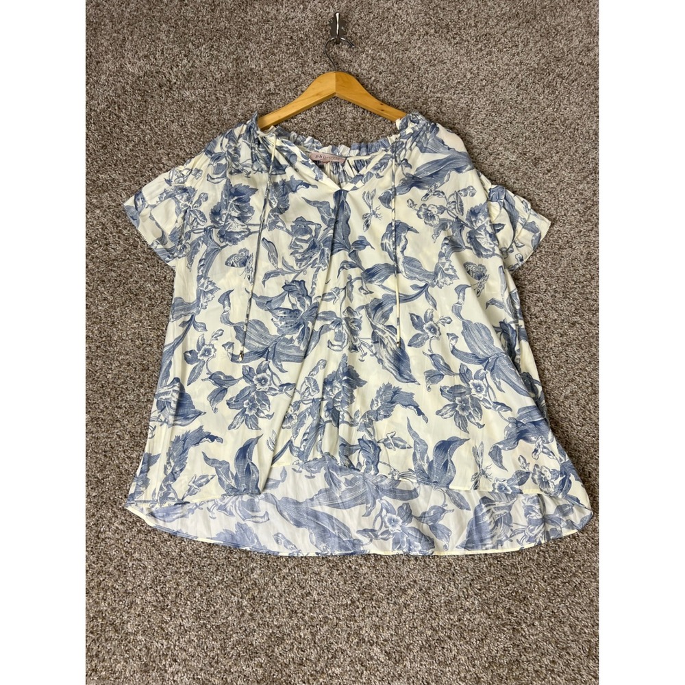 Philosophy Republic Clothing Women Blue Cream Floral Ruffle Blouse 1X Plus Size